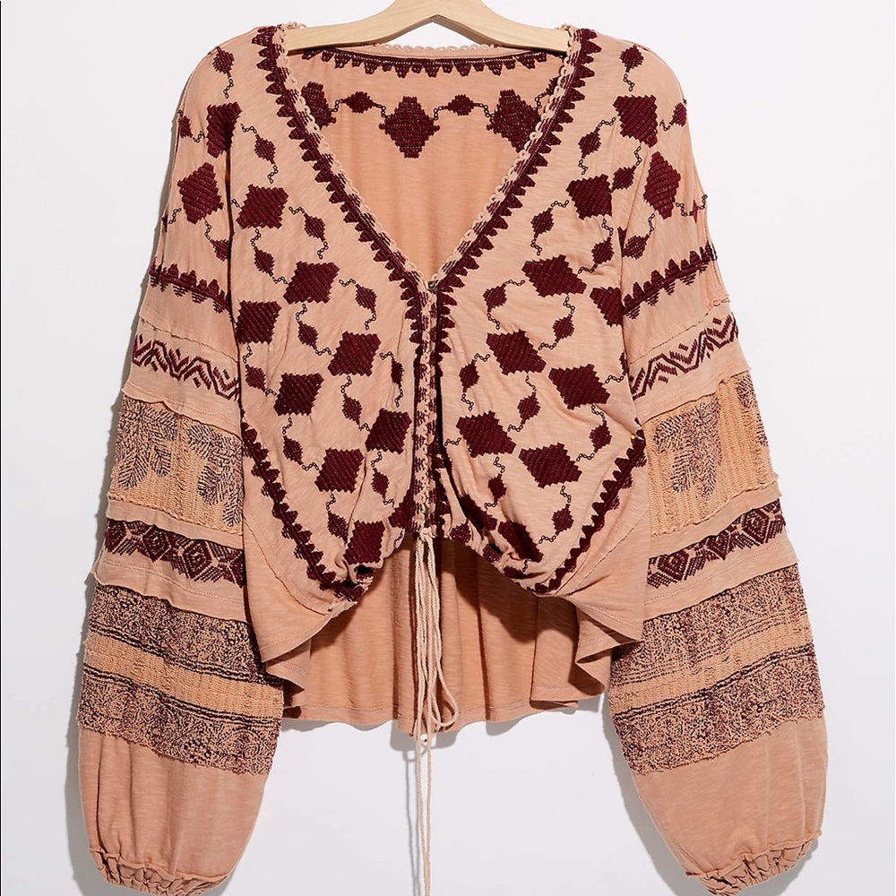 Free People Hometown Top Peach and Burgundy NWT